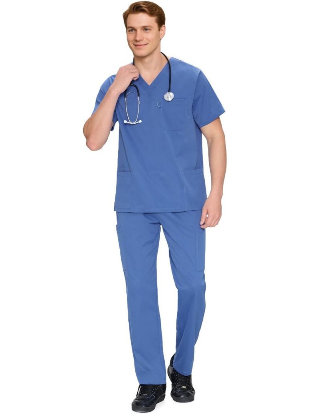 Cozy Men's Scrub Set - V-Neck Top & Straight Leg Pants with 11 Pockets